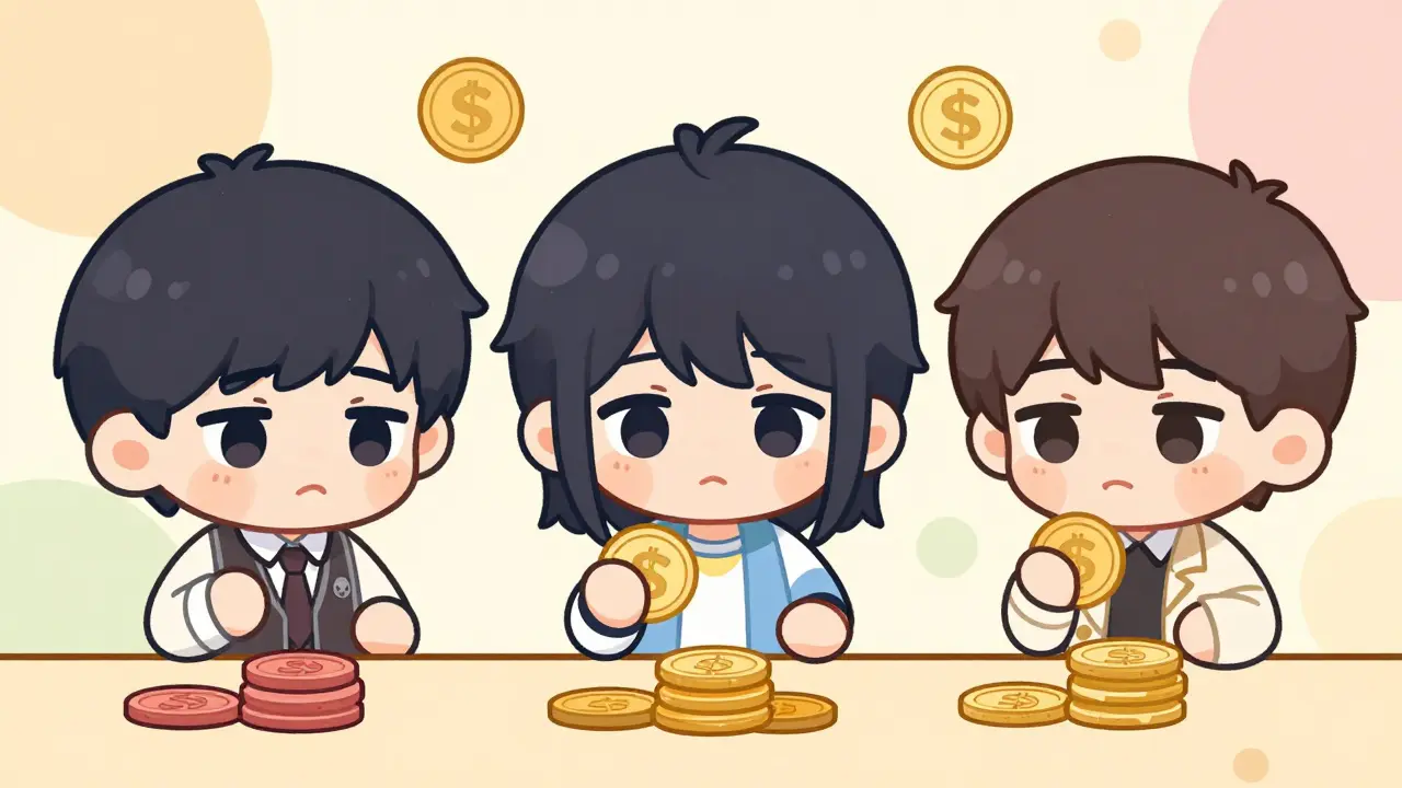 Three chibi figures with different coins, confused expressions. Pastel Solana motifs.