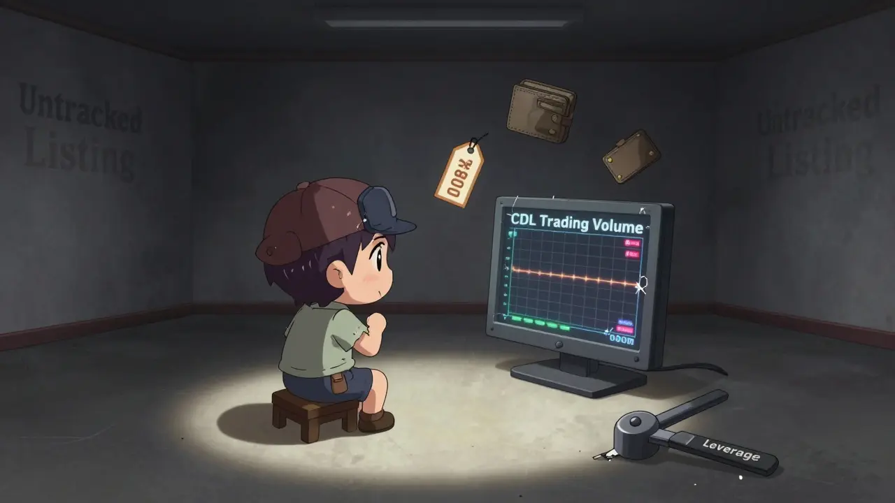 Tiny trader staring at a flatline chart with empty wallets and a '0.08%' discount tag in a deserted trading room.