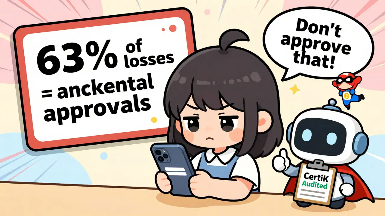 A chibi user being stopped by OneSwap superhero from approving a risky contract.