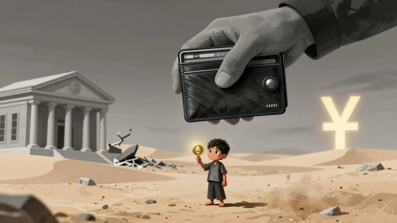 A child holds a crypto token as a giant hand crushes digital wallets in a desert under a looming state symbol.
