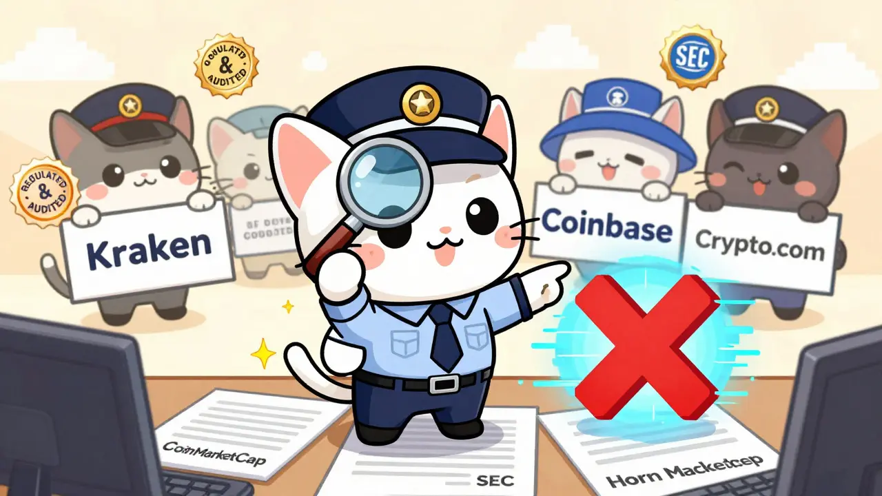 A detective cat points at a scam exchange logo while trusted exchanges shine beside it.