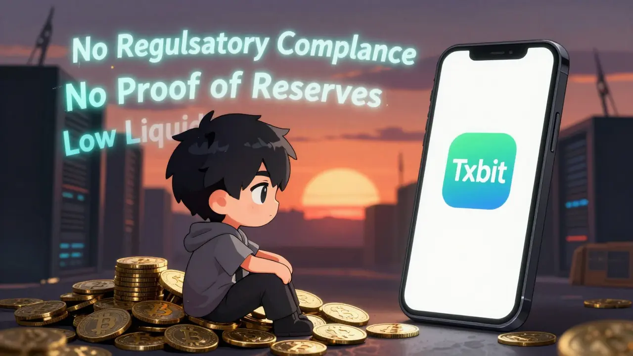 A lonely trader sitting on worthless tokens, staring at a blank phone as ghostly warnings float above.