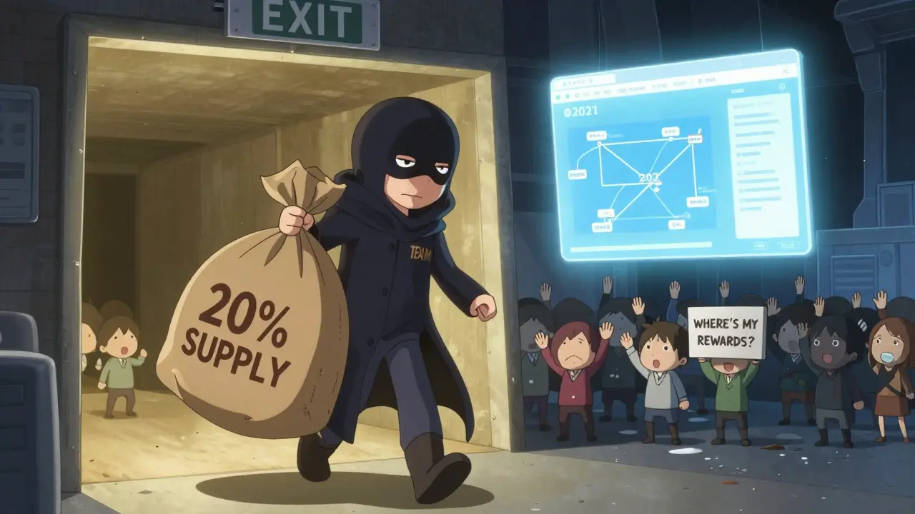 A masked team member sneaks away with a sack labeled '20% supply' while users wave goodbye to a frozen website.