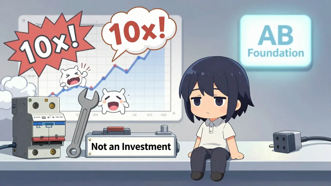 An AB token sits beside tools like a wrench and circuit breaker, while speculative trading charts burst into smoke.