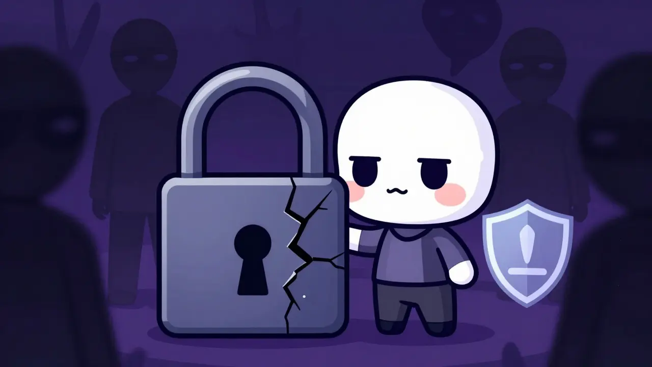 Chibi character near cracked padlock and masked shadows indicating risk.