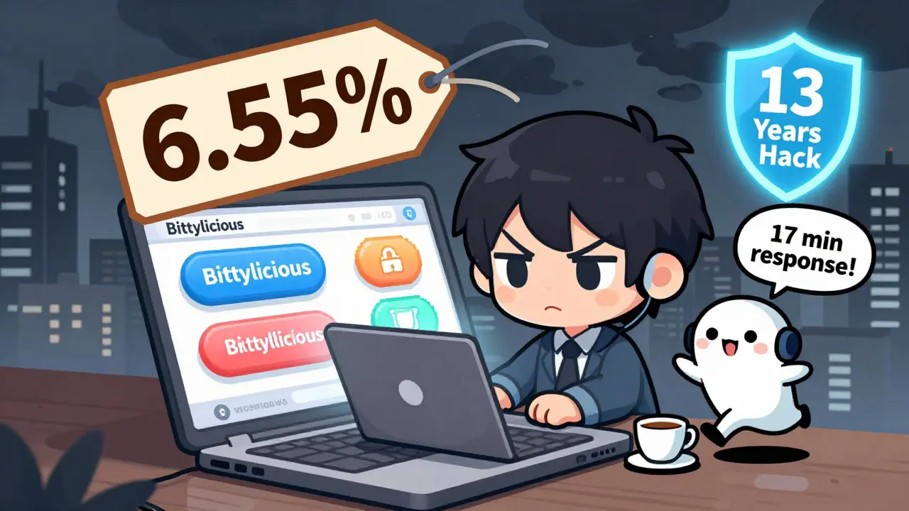 Chibi character struggling with a clunky Bittylicious mobile site while support helps instantly.