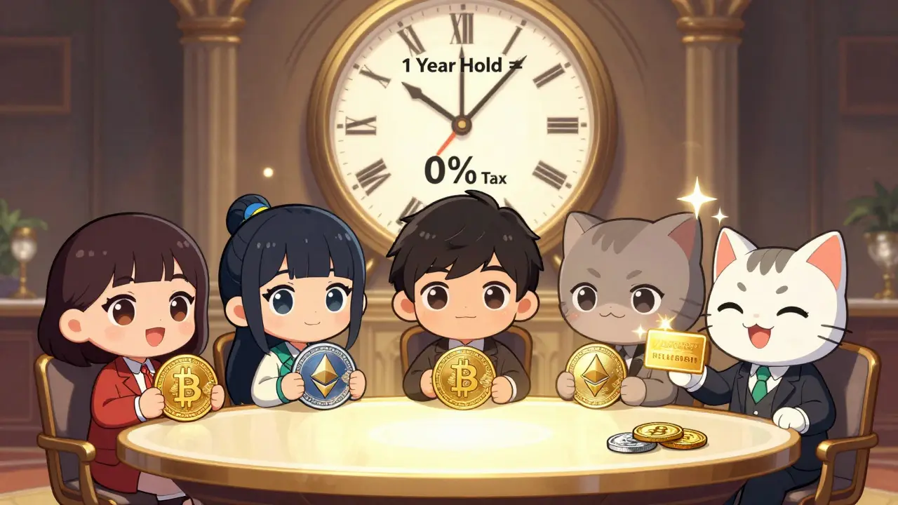 Chibi crypto traders celebrating tax-free holdings in Malta with a visa card and clock.