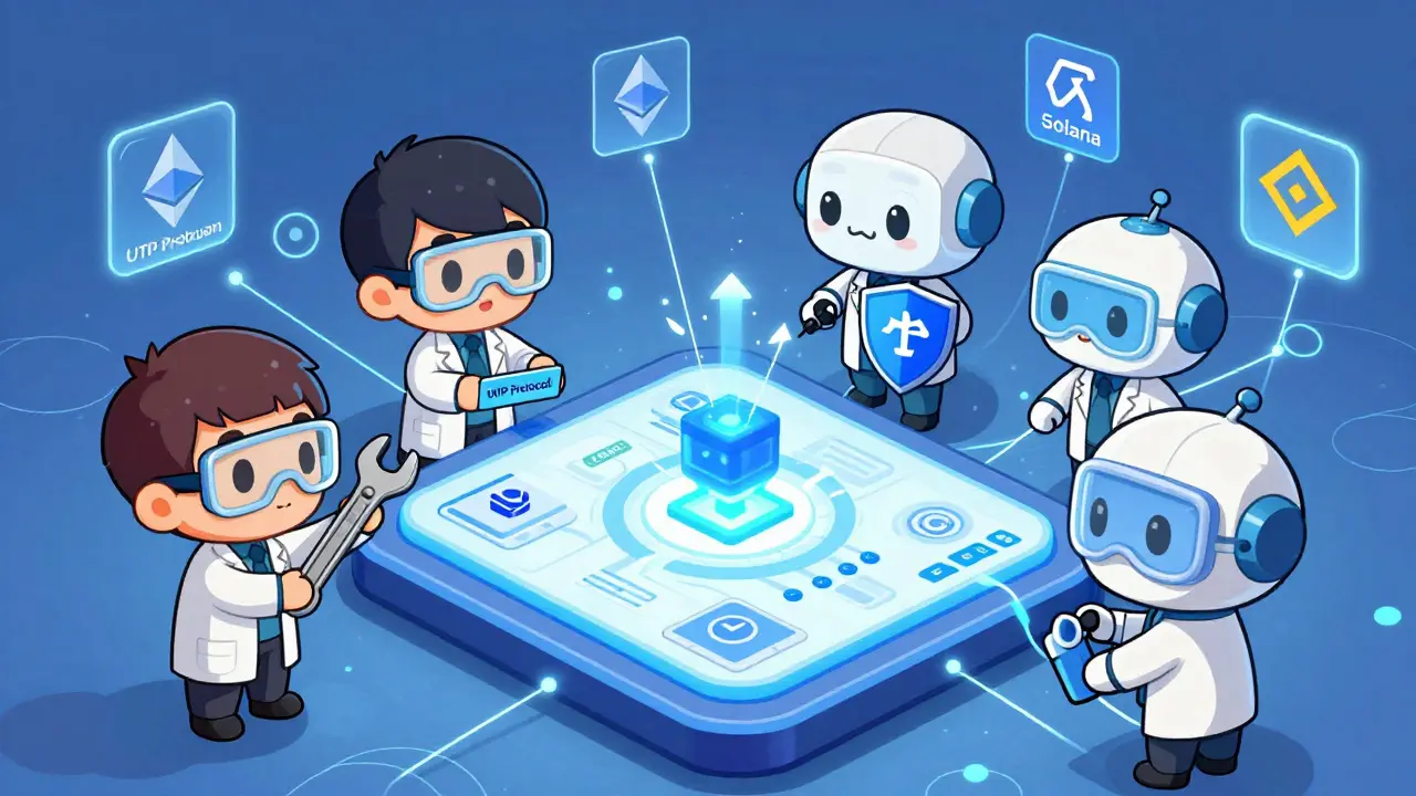 Chibi developers build an app on the AB blockchain while a validator robot maintains security and cross-chain connections.