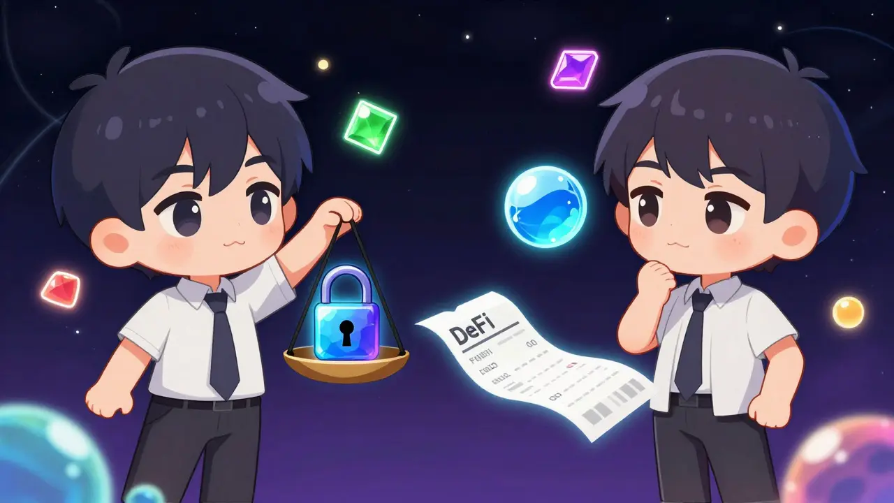 Chibi figures weighing locked and liquid staking options on scales.