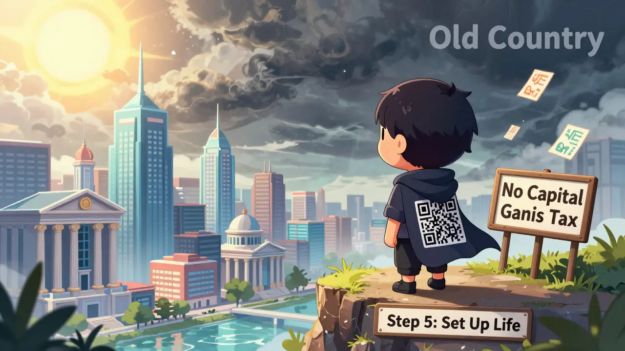 Chibi trader building a new life in a tax-free city with transaction logs floating like butterflies.