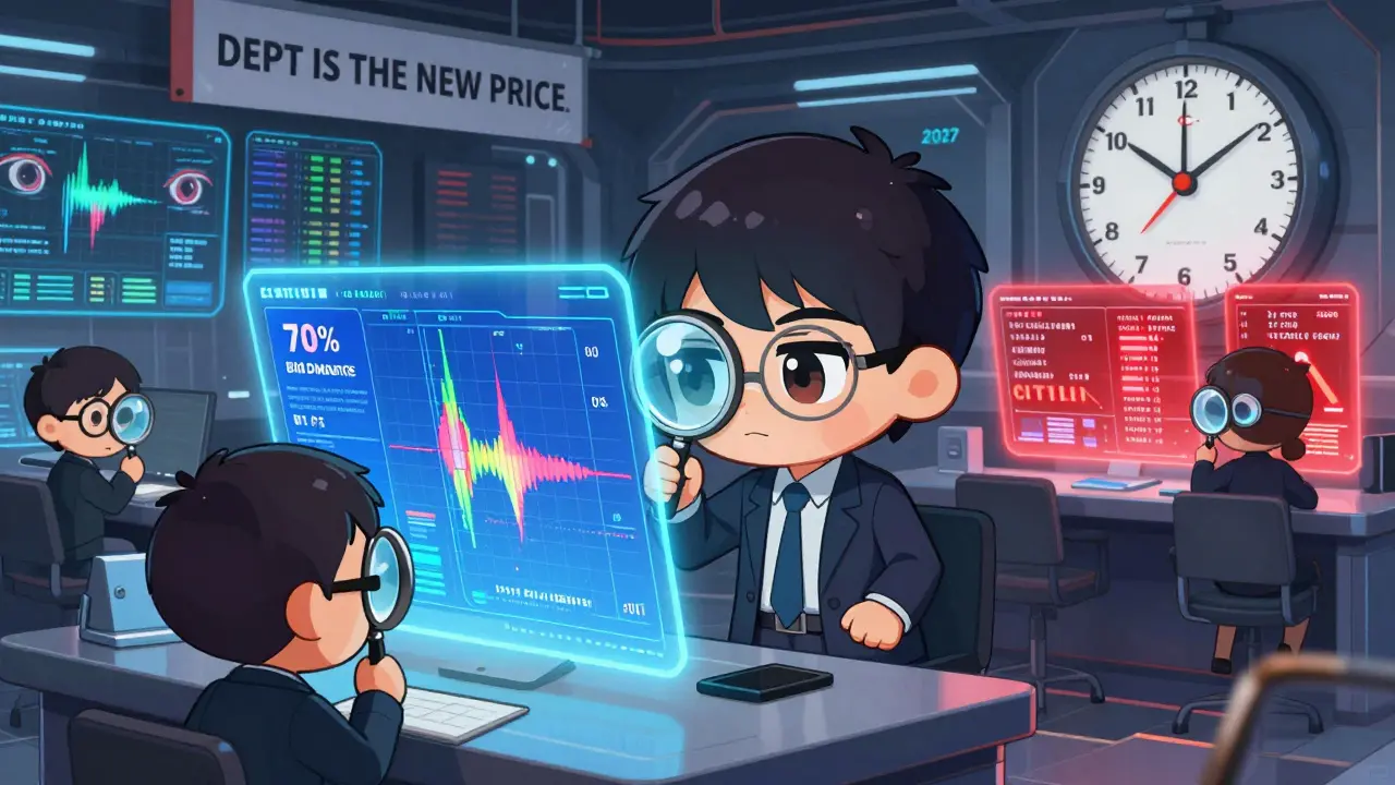 Chibi traders analyzing holographic depth heatmaps with AI eyes watching, spoofed orders flickering and vanishing.