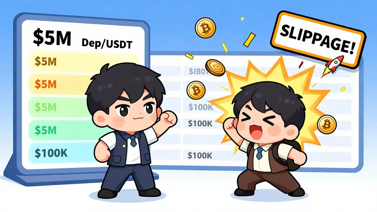 Chibi traders comparing deep BTC liquidity versus a chaotic altcoin trade with price spiking dramatically.