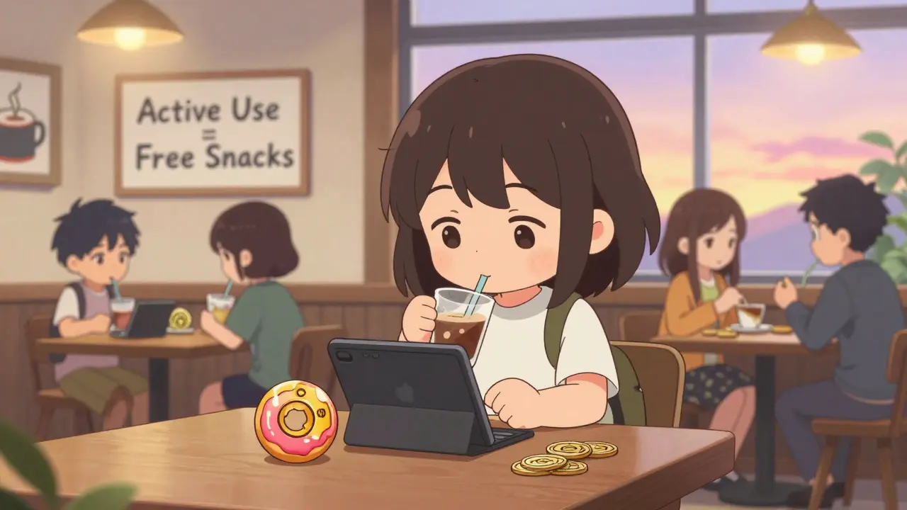 Chibi user enjoying coffee while checking wallet, CWT token shaped like a donut beside them.