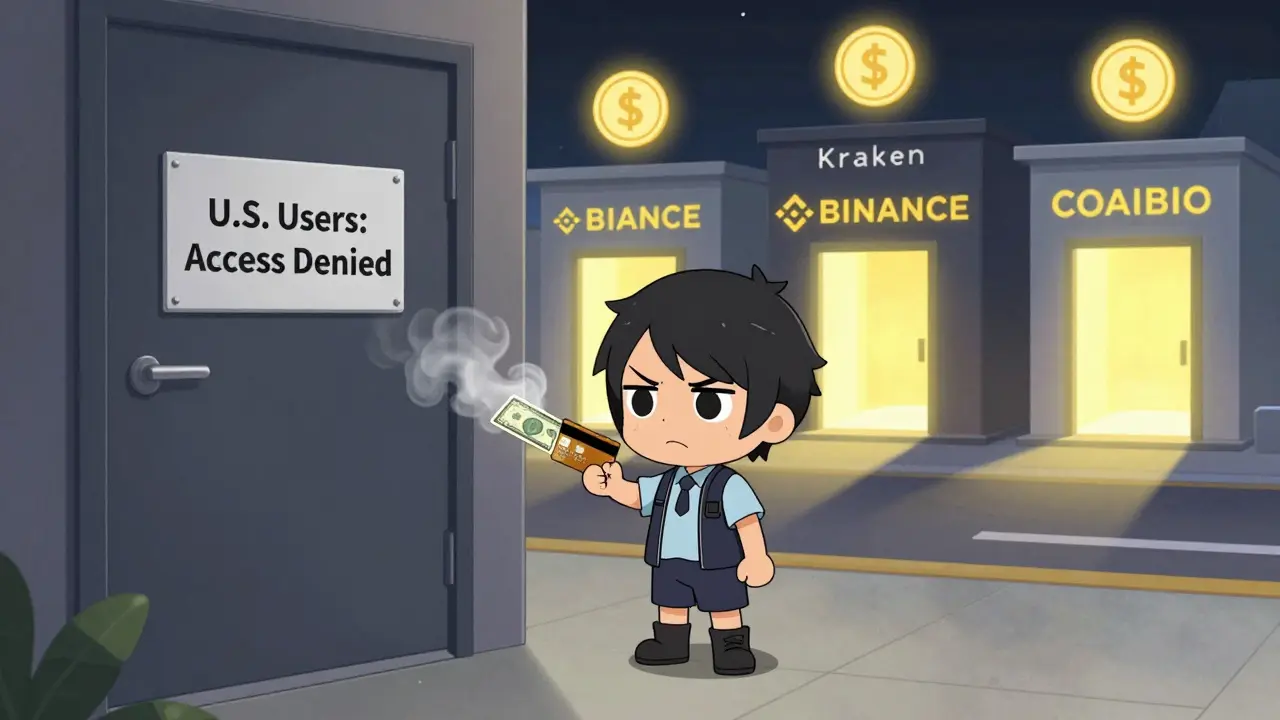 Chibi user outside closed Poloniex door with dissolving USD bill, other exchanges glowing in distance