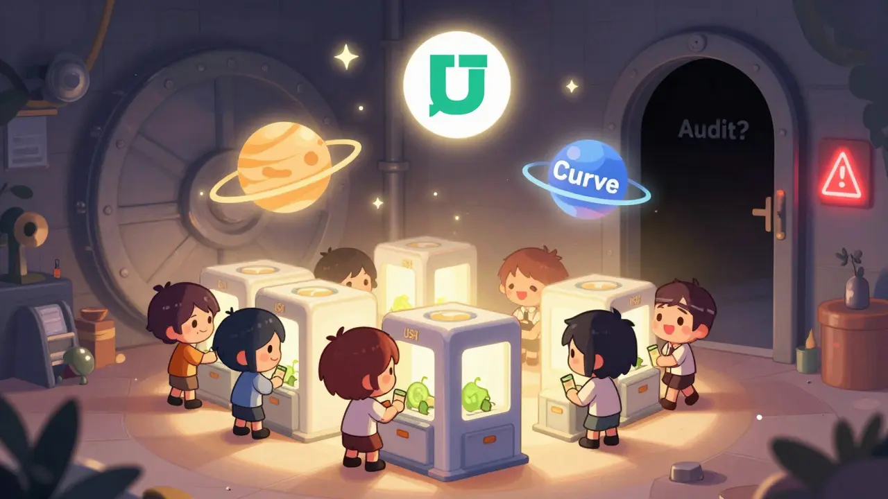 Chibi users deposit tokens into smiling farming machines, while a shadowy 'Audit?' door looms in the background.