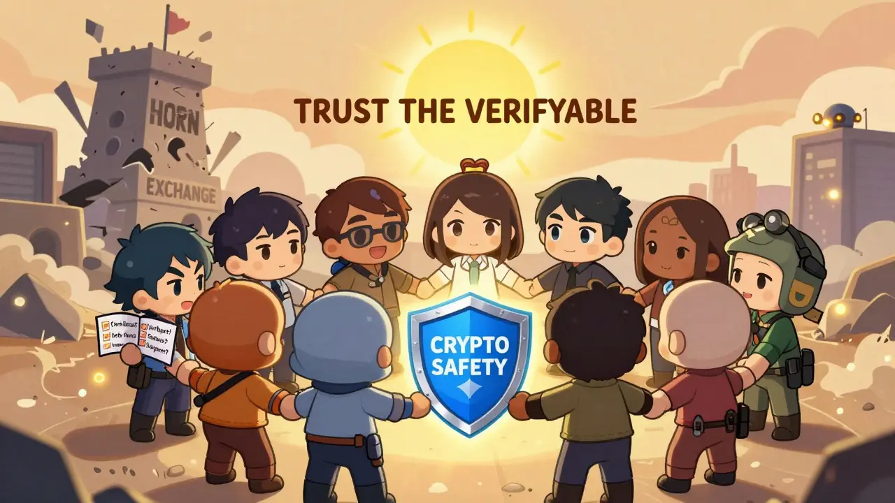 Chibi users stand united behind a safety shield, checking crypto exchange legitimacy.