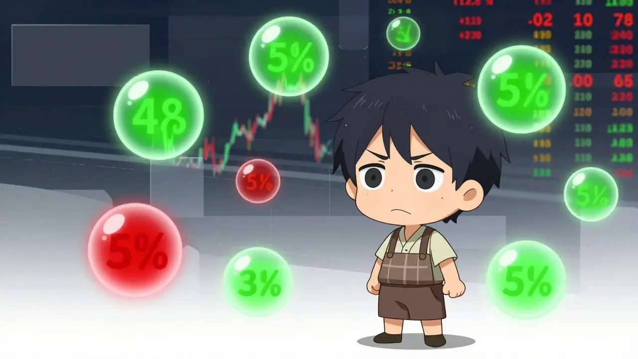 Confused chibi trader looking at floating fluctuating price bubbles.