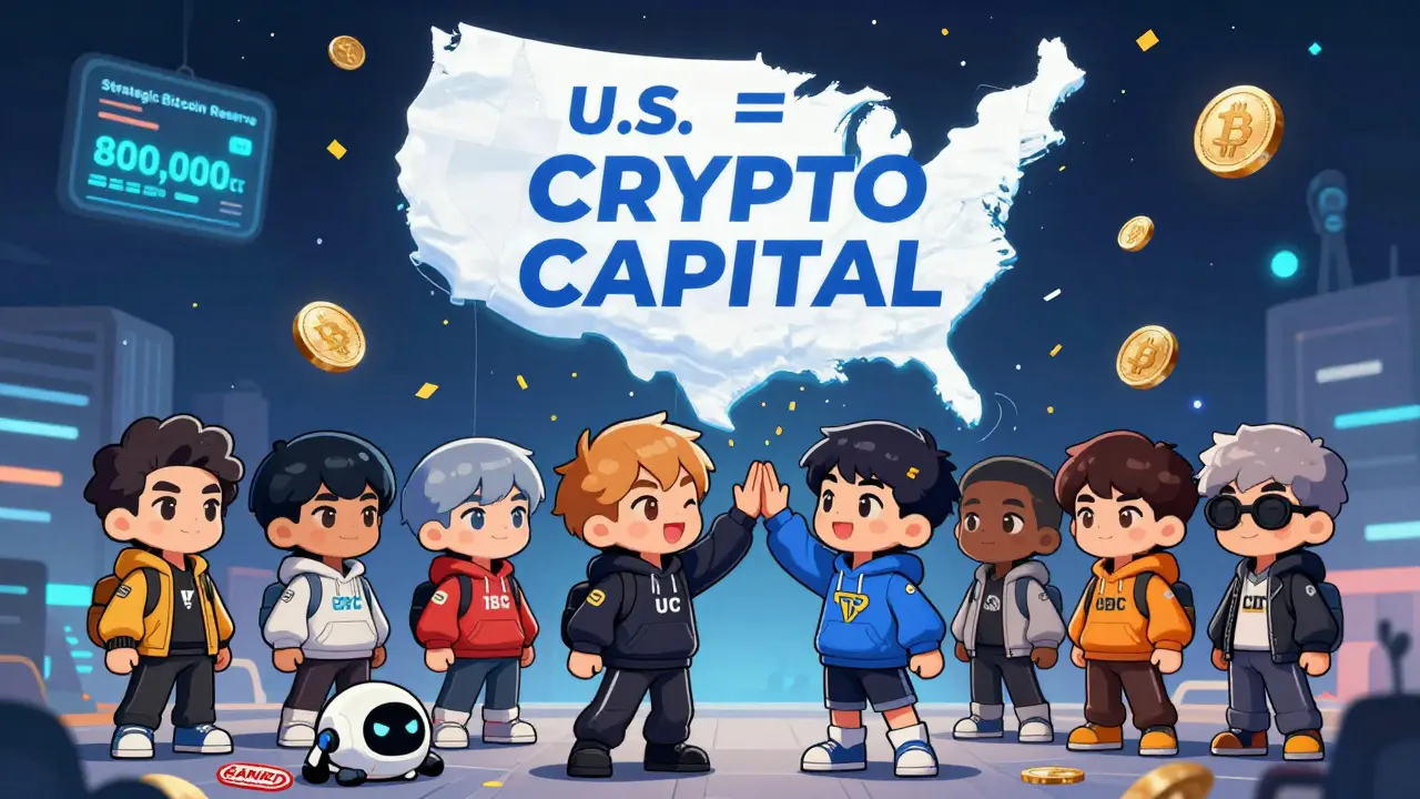 Crypto developers celebrating as Bitcoin and Ethereum rain down over the U.S. map