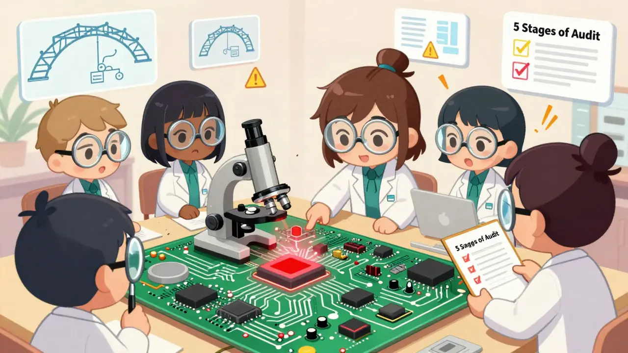 Cute auditors examine a smart contract circuit board with glowing flaws.