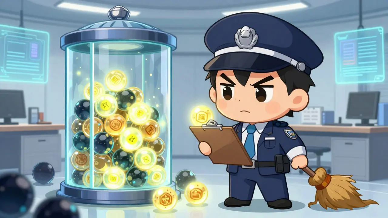 Cute inspectors sorting glowing tokens into a vault, removing dark ones.