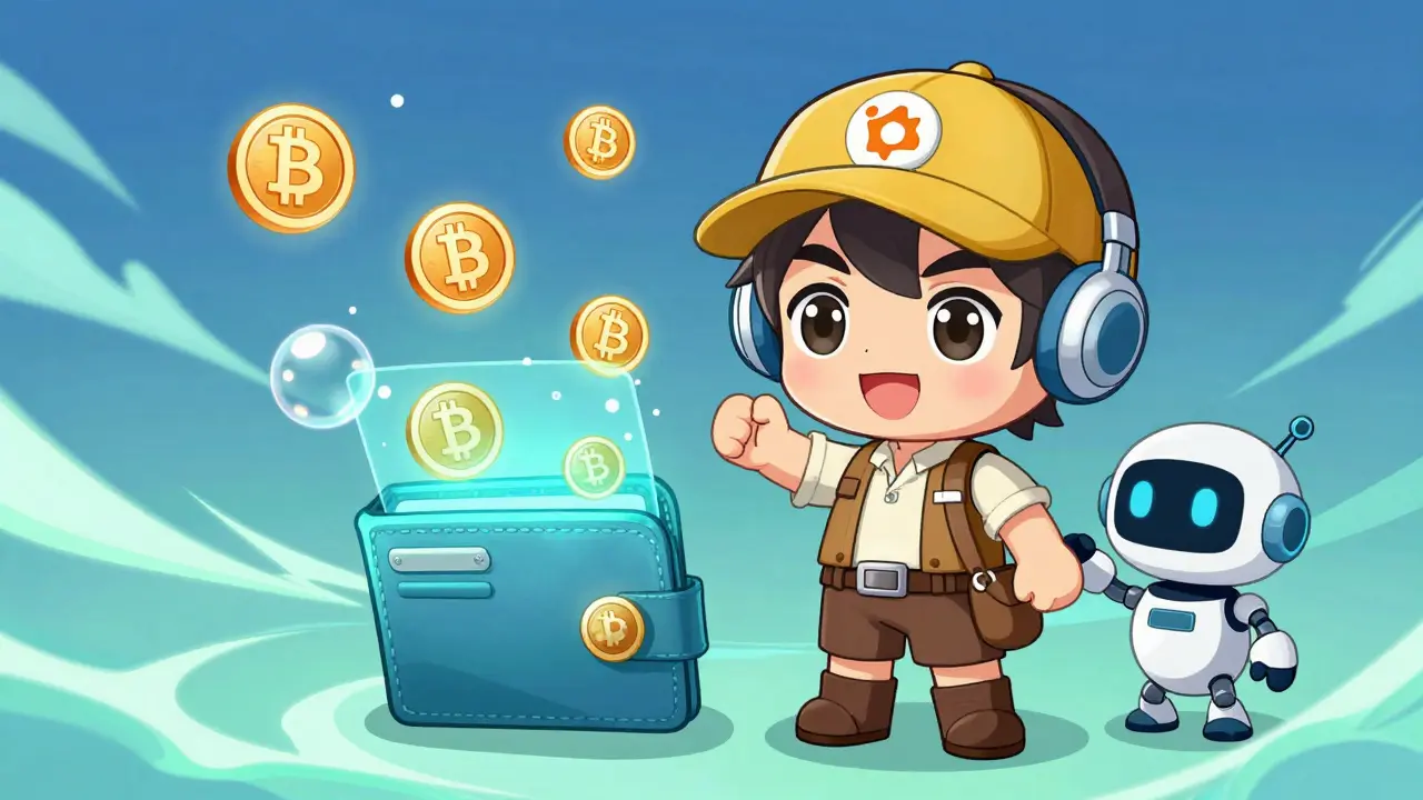 Cute trader with open wallet and floating tokens for instant liquidity.