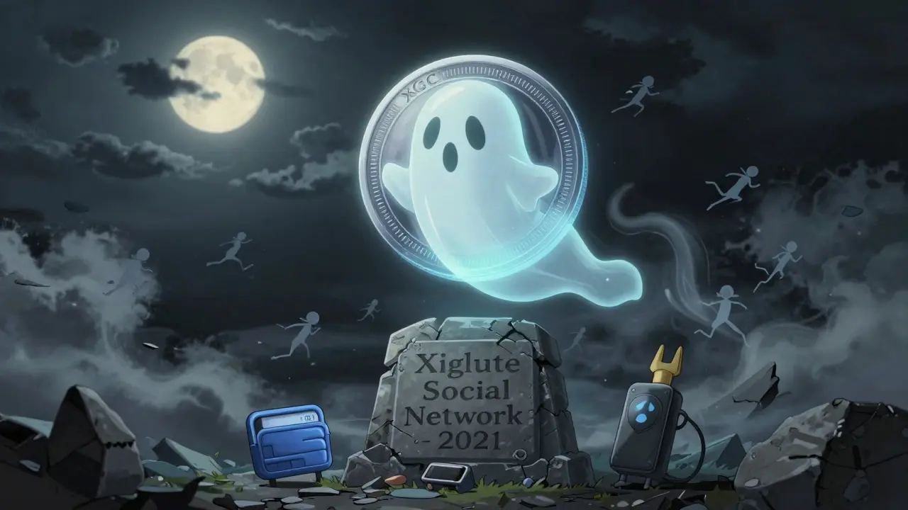 Ghostly XGC coin above crumbling monument, fading users running away, MetaMask and Ledger standing guard.