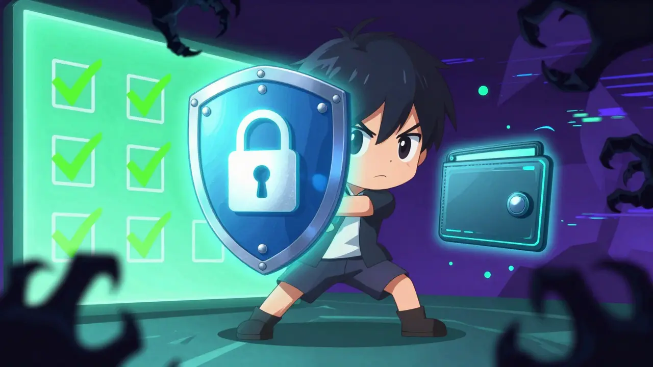 Hero guarding digital wallet from shadowy scams