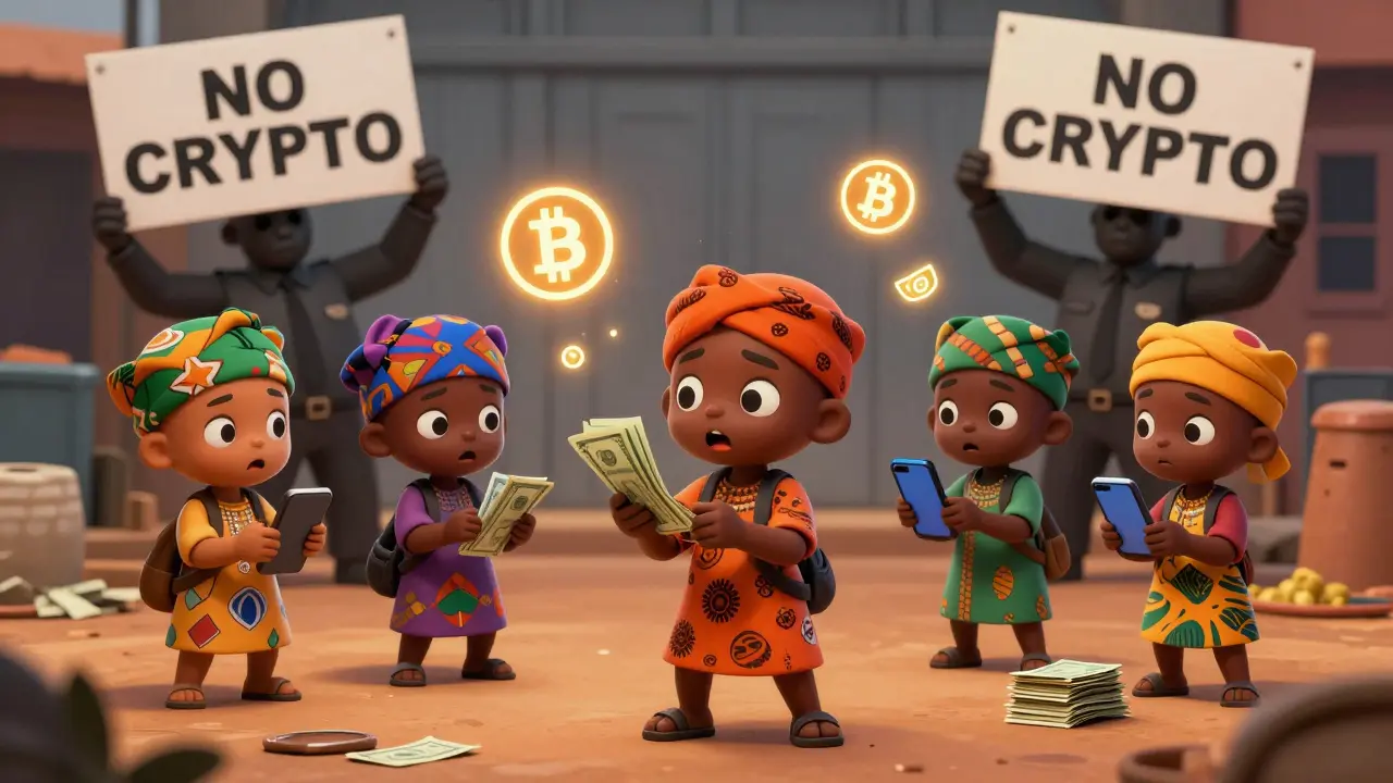 Nigerian traders exchange crypto using cash and phones while bank officials watch from the shadows.