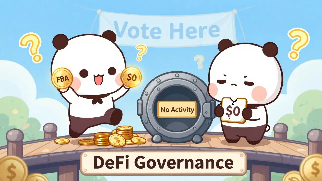 One chibi holds a glowing FBA token, another stares sadly at a <h2>Who Is This For?</h2> HOPE token beside an empty vault.