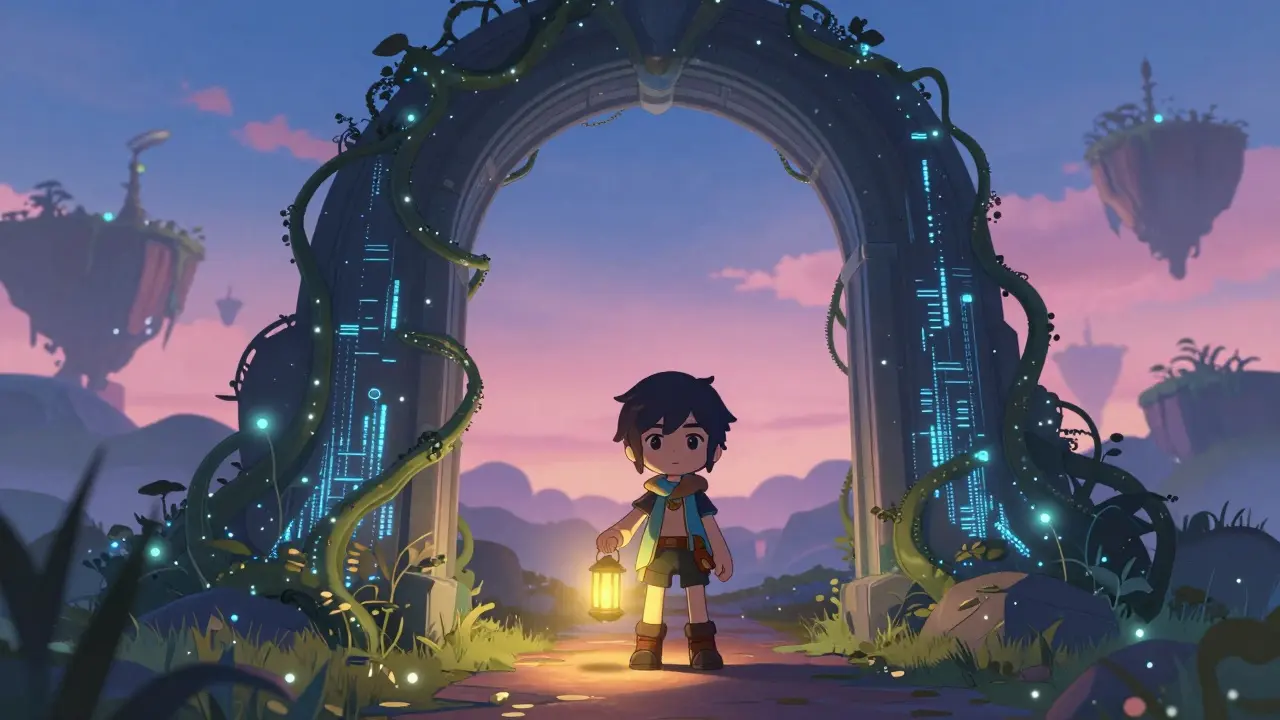Small explorer with a lantern standing before a magical data gateway in a twilight landscape.
