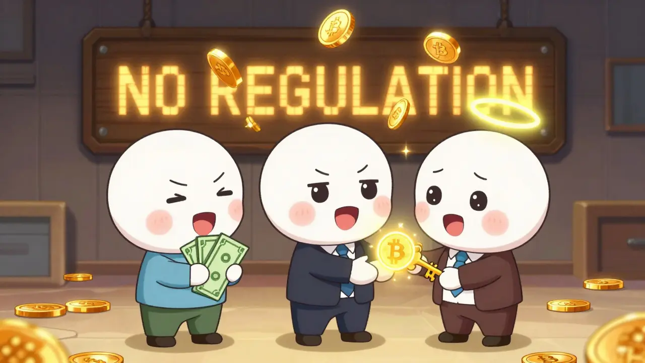 Three chibi figures in a handshake triangle: buyer, broker, and Bittylicious holding escrow key.