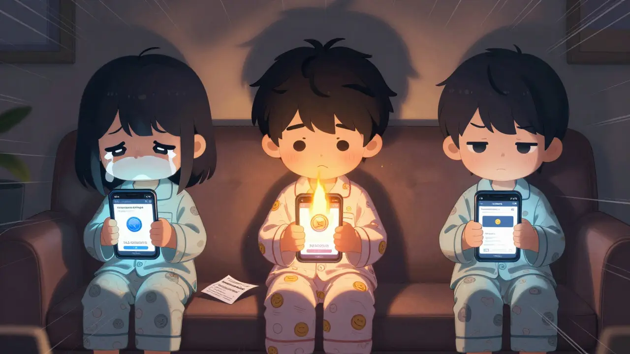 Three tiny users on couch staring at DEX screens with one XGC trade, one crying, another burning a coin.