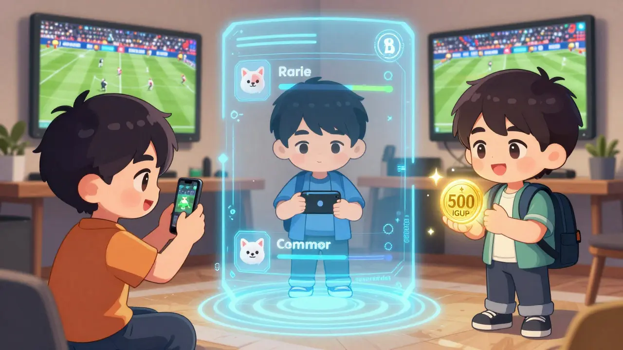 Three users with different rarity NFT pets interacting with a holographic task tracker in a cozy room.