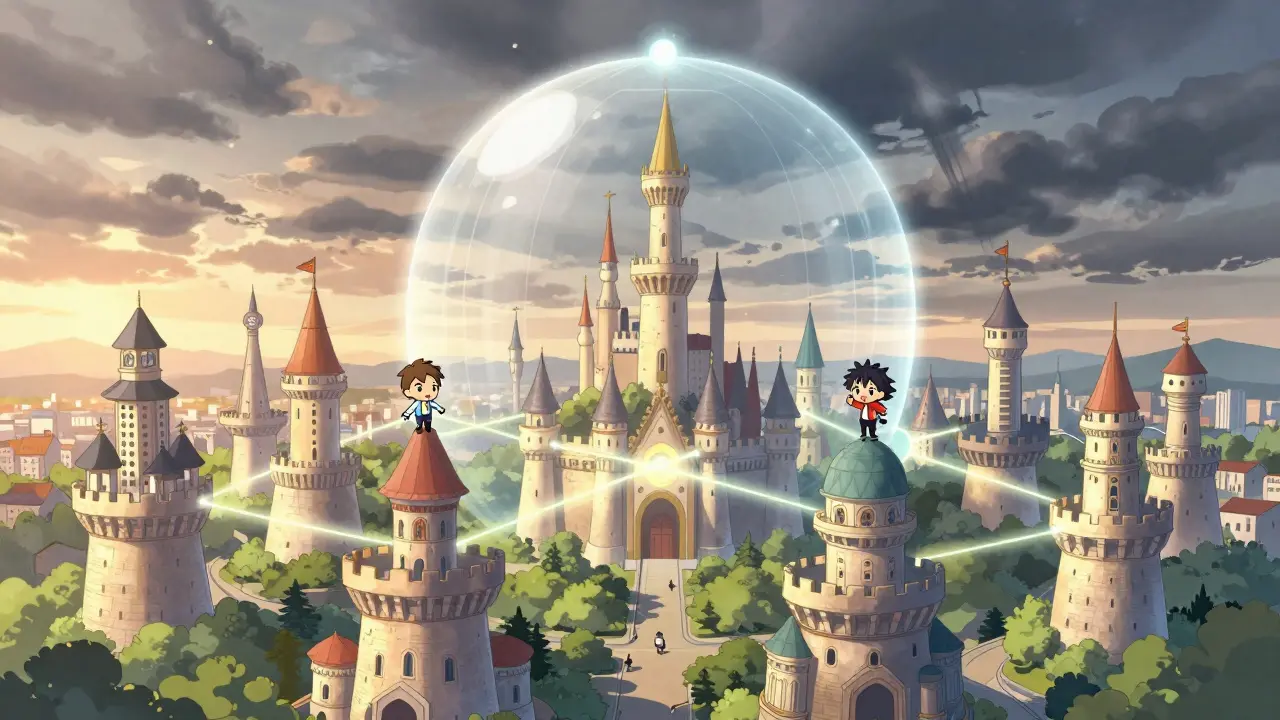 Tiny travelers moving between castles under a protective shield dome.