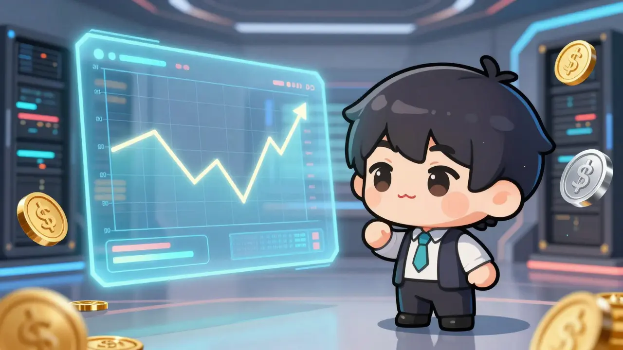 Trader watching glowing market charts and tokens