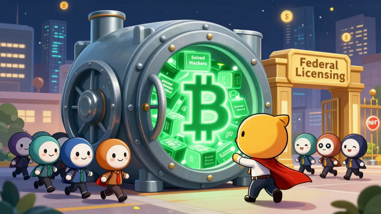 Treasury vault filled with Bitcoin blocks guarded by a cute agent as startups approach