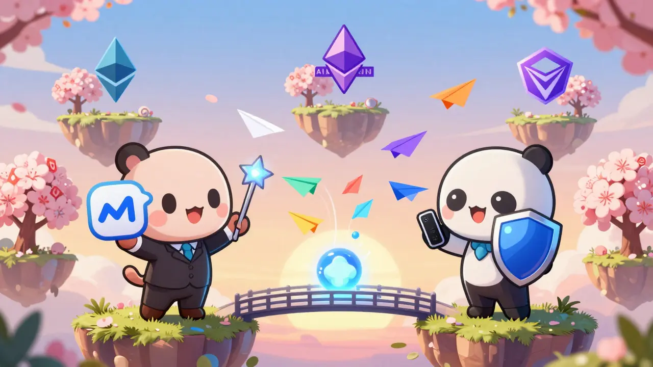 Two chibi characters connecting limit orders across blockchain islands with a glowing bridge.