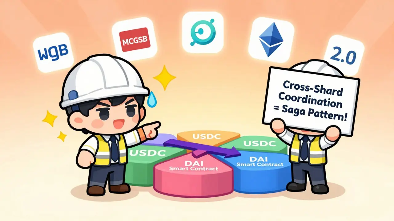 Two chibi engineers debating cross-shard transactions with visual cues for Saga pattern and coordination.