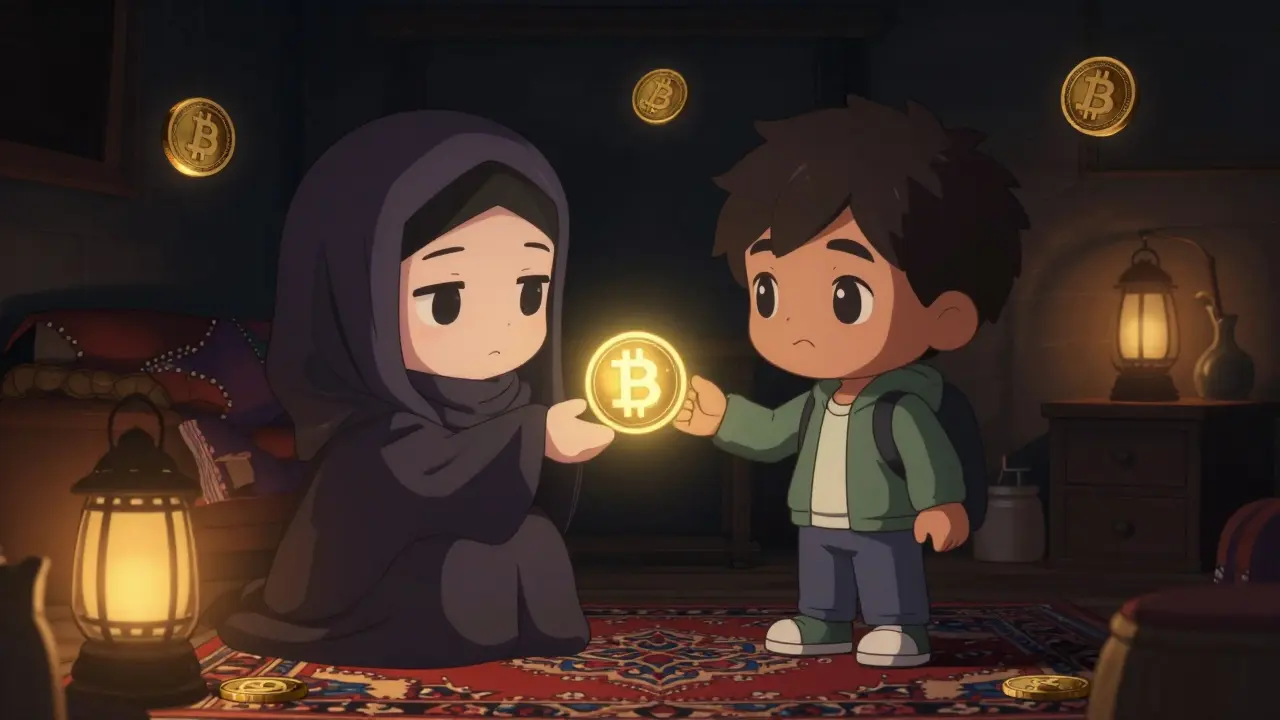 Two chibi figures exchanging glowing token in dim room.