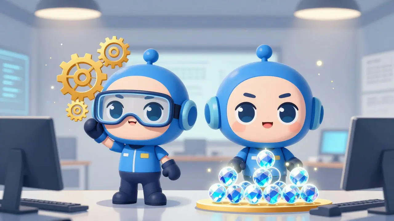 Two cute mascot agents, one coding and one managing assets, working together in a bright studio.