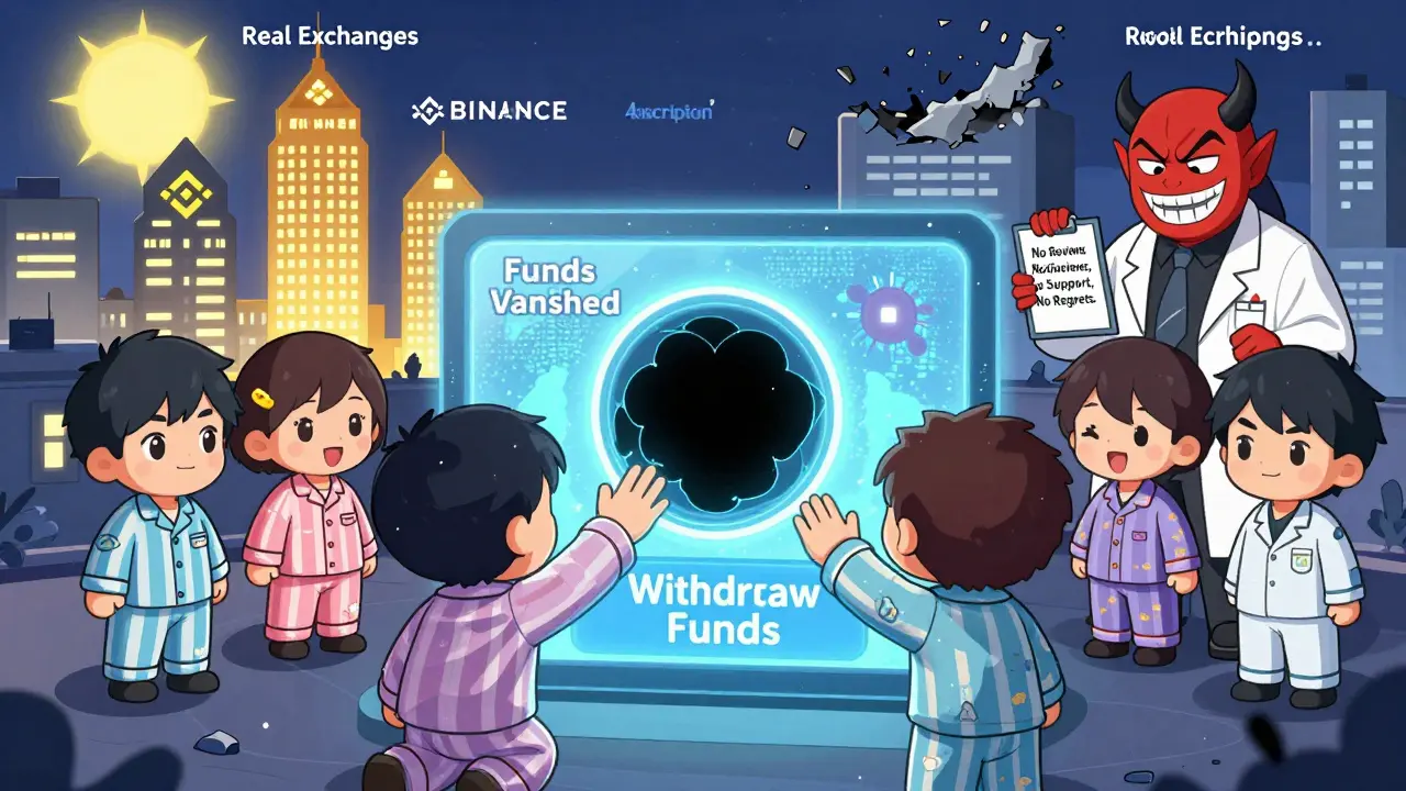 Users reaching for a vanished withdrawal button as a demon watches, with real exchanges shining in the distance.
