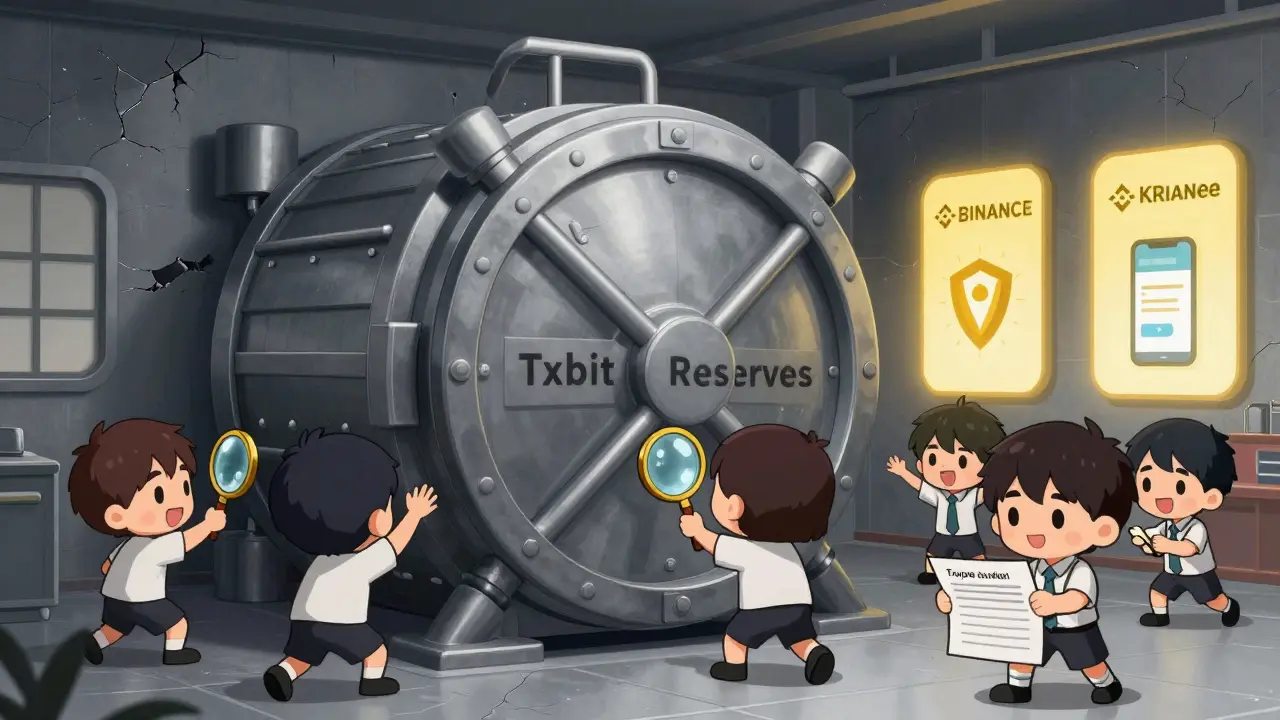 Users trying to access a sealed vault labeled 'Txbit Reserves' while other exchanges glow securely in the background.