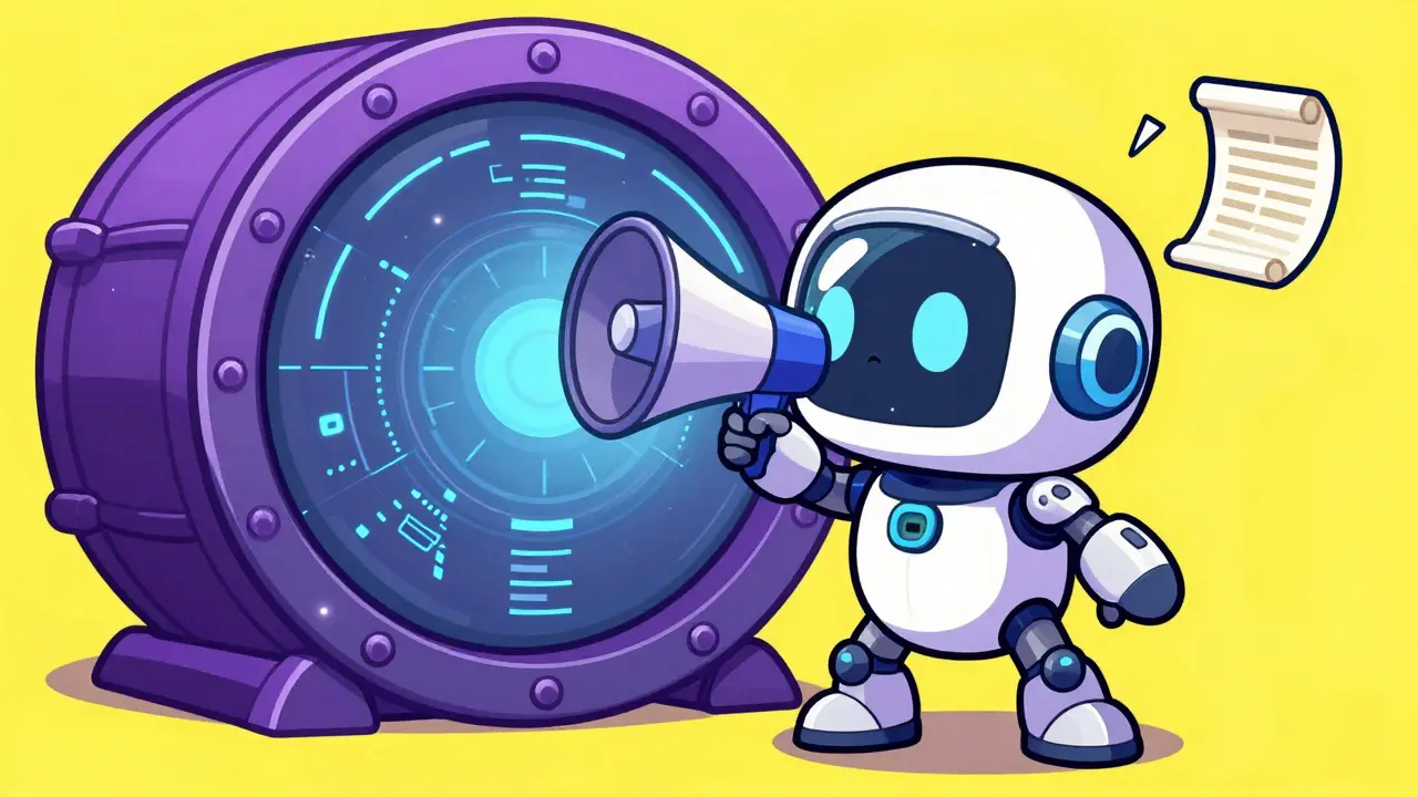 A small chibi robot watchtower monitoring a digital vault with a magnifying glass.