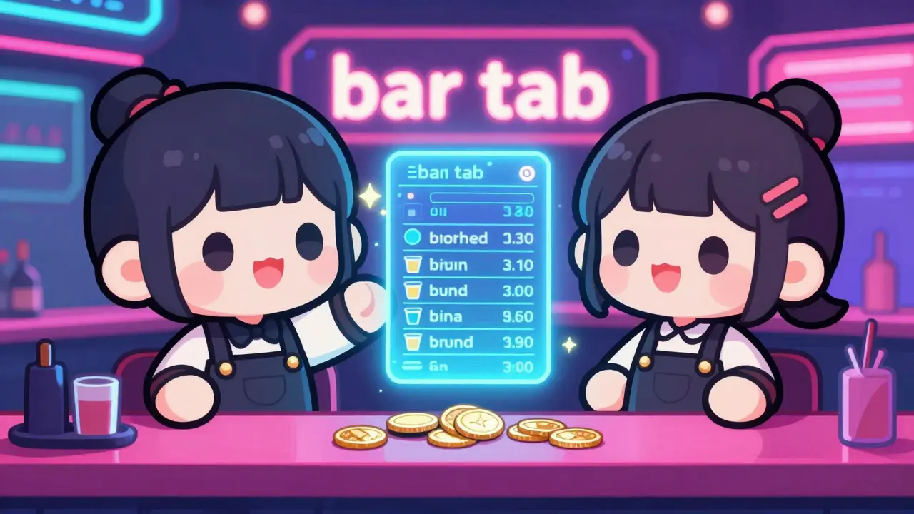 Chibi bartender and customer with a glowing holographic ledger in a futuristic cyber-pub.