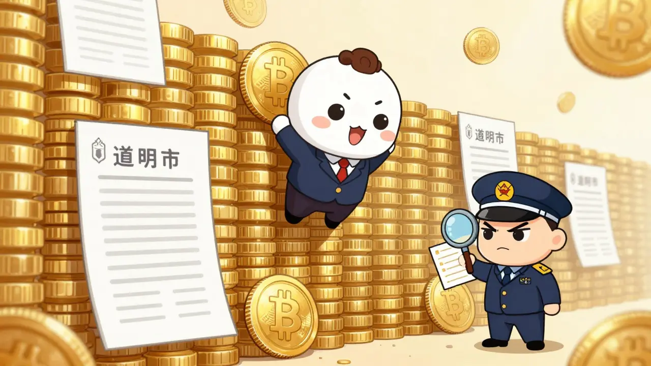 Chibi businessman failing to climb a wall of gold coins and regulations