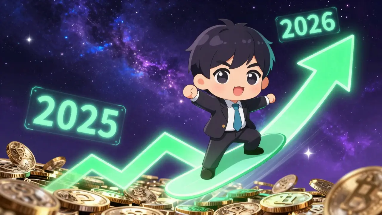 Chibi businessman surfing a rising green price chart through a starry digital nebula.