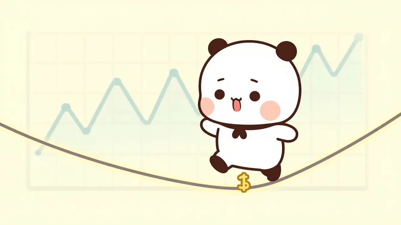 Chibi character balancing on a glowing, fluctuating tightrope representing a price peg.