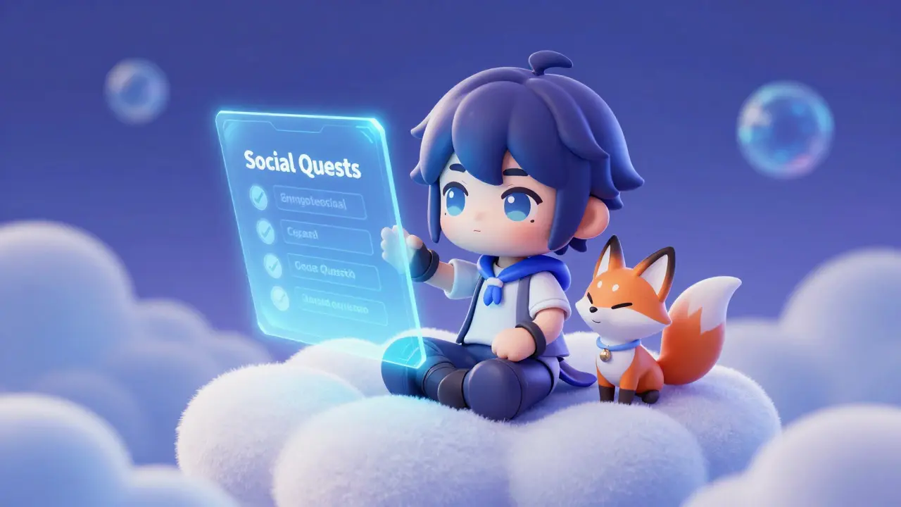Chibi character completing digital social quests on a holographic screen while sitting on a cloud