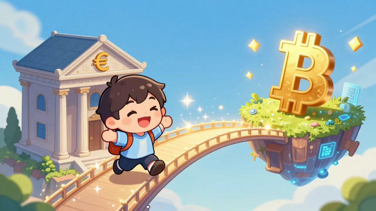 Chibi character crossing a sparkling bridge between a European bank and Bitcoin