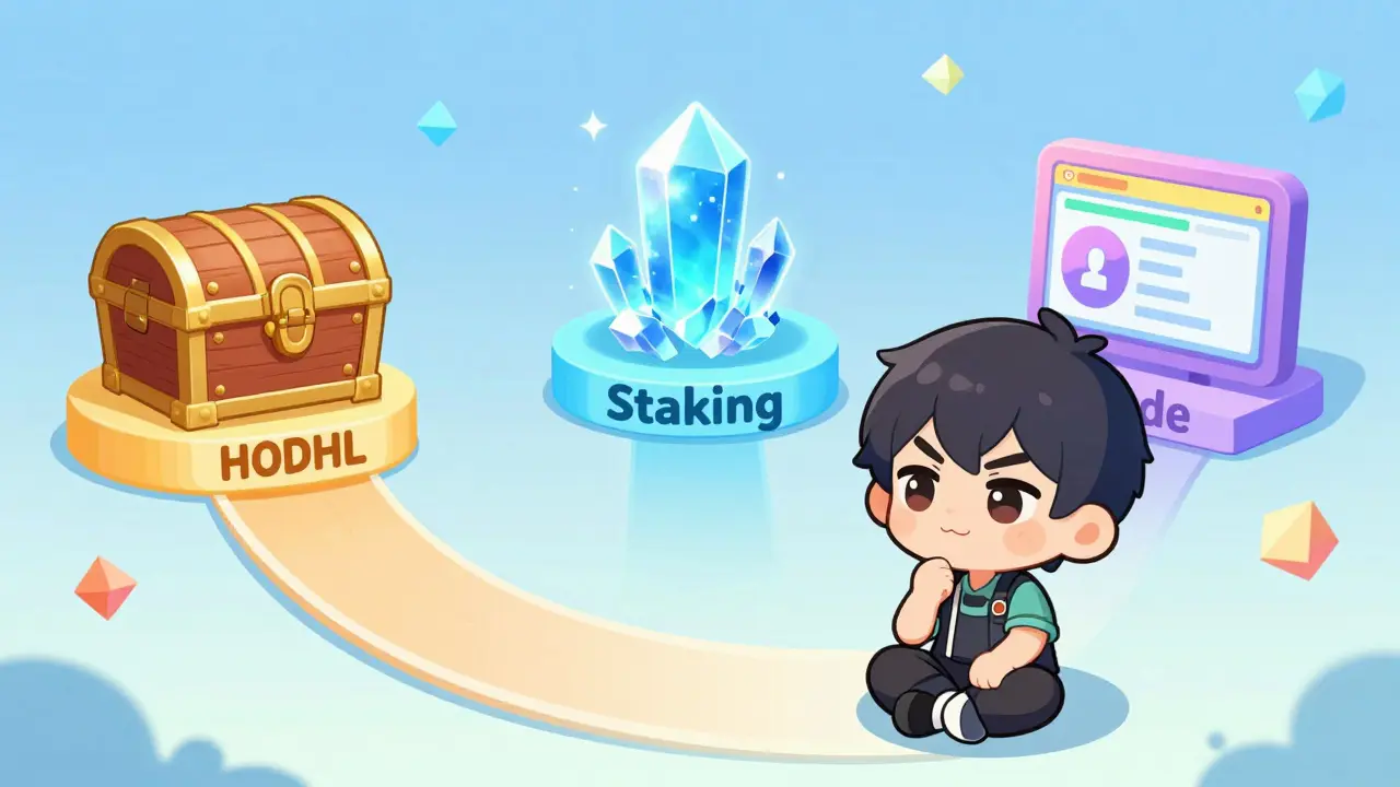 Chibi character deciding between holding, staking, or trading their tokens.